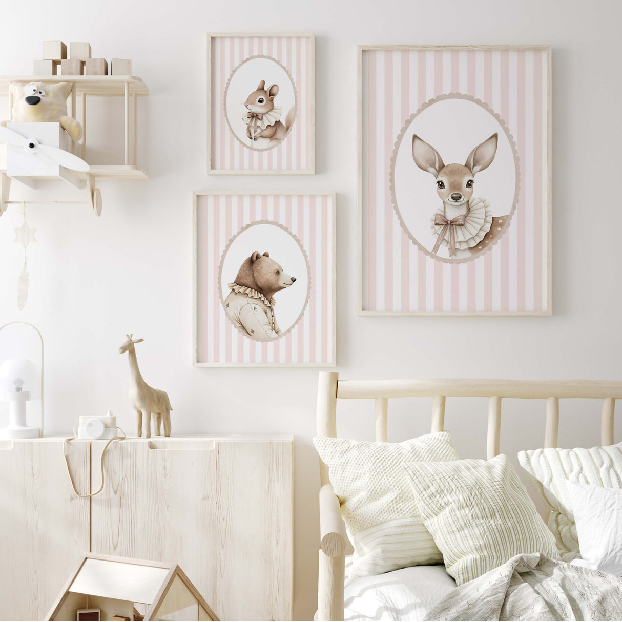 Baby girl nursery wall art download with forest animal portraits on pastel pink background for instant digital decor
