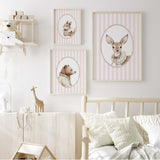 Baby girl nursery wall art download with forest animal portraits on pastel pink background for instant digital decor
