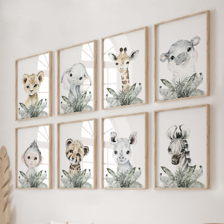 Watercolor safari animal with leaves print in beige, gray, sage green colors for gender neutral nursery decor, boho nursery decor, baby boys room decor, baby girls room decor, animals: lion, elephant, giraffe, hippo, monkey, leopard, rhino, zebra.