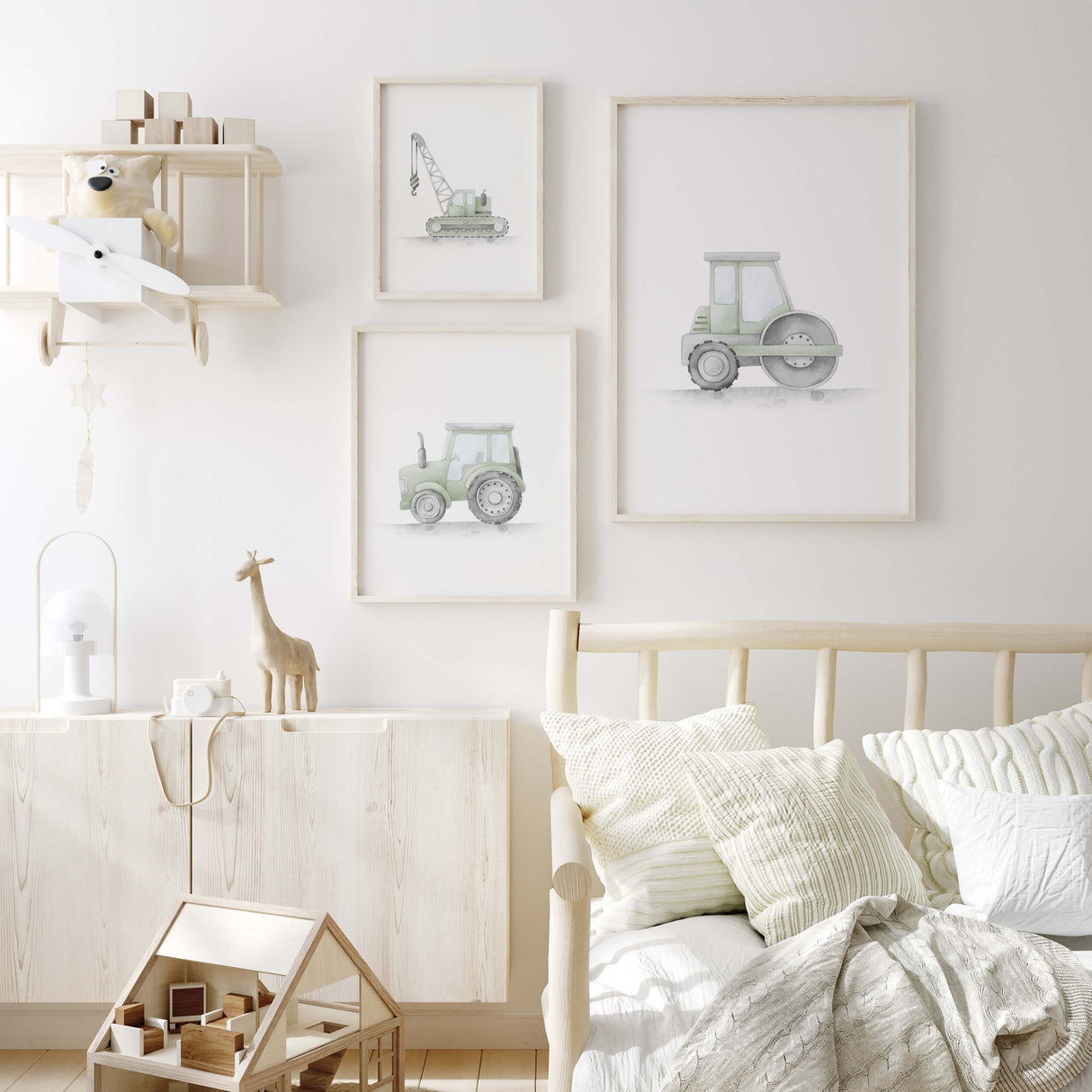 watercolor sage green construction vehicle print with crane, road roller, tractor for baby boys room decor and toddler room decor.