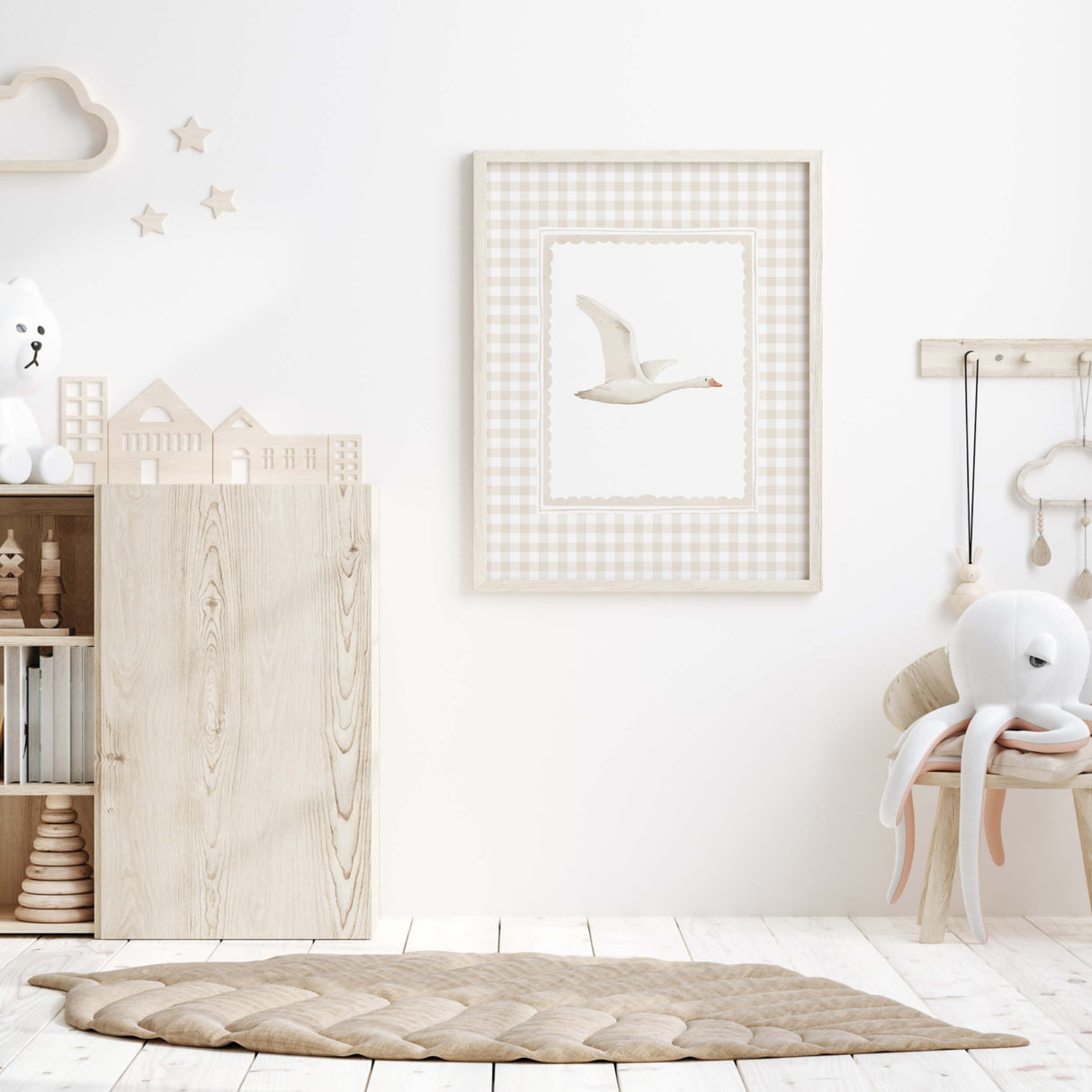 Neutral baby nursery wall art with charming goose illustrations on soft beige checkered backgrounds.