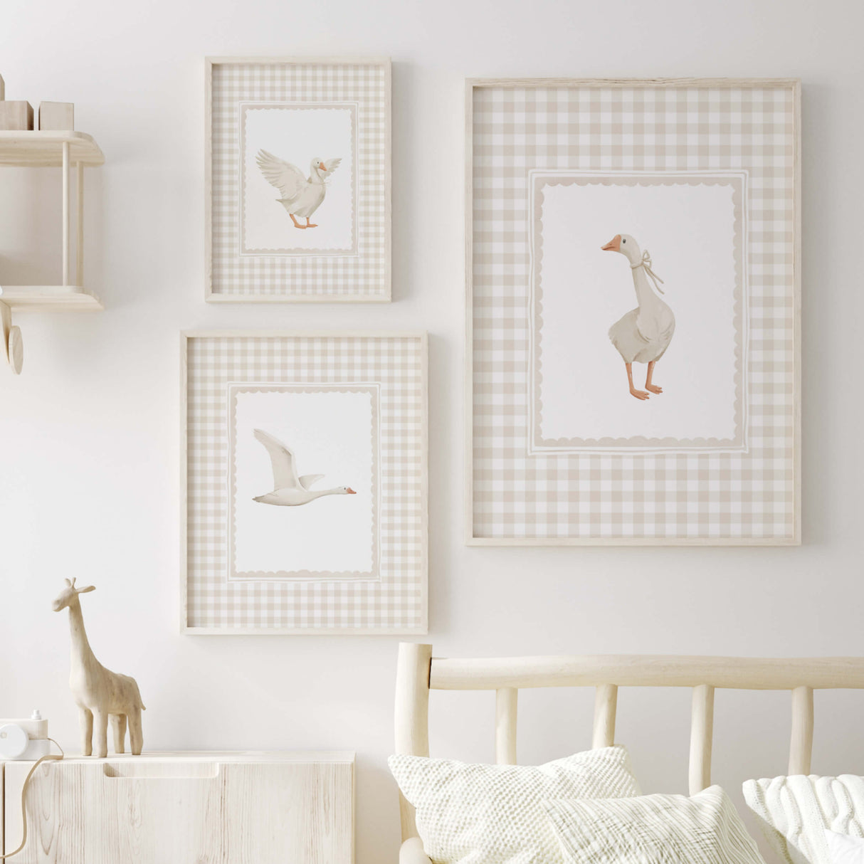 Cottagecore nursery wall art set with three goose prints, soft beige plaid design, ideal for neutral nursery decor.