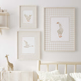 Cottagecore nursery wall art set with three goose prints, soft beige plaid design, ideal for neutral nursery decor.
