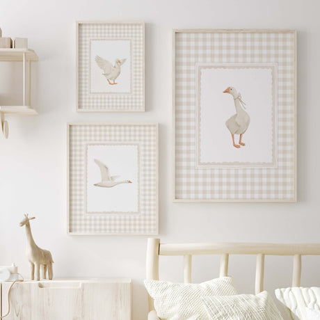 Cottagecore nursery wall art set with three goose prints, soft beige plaid design, ideal for neutral nursery decor.