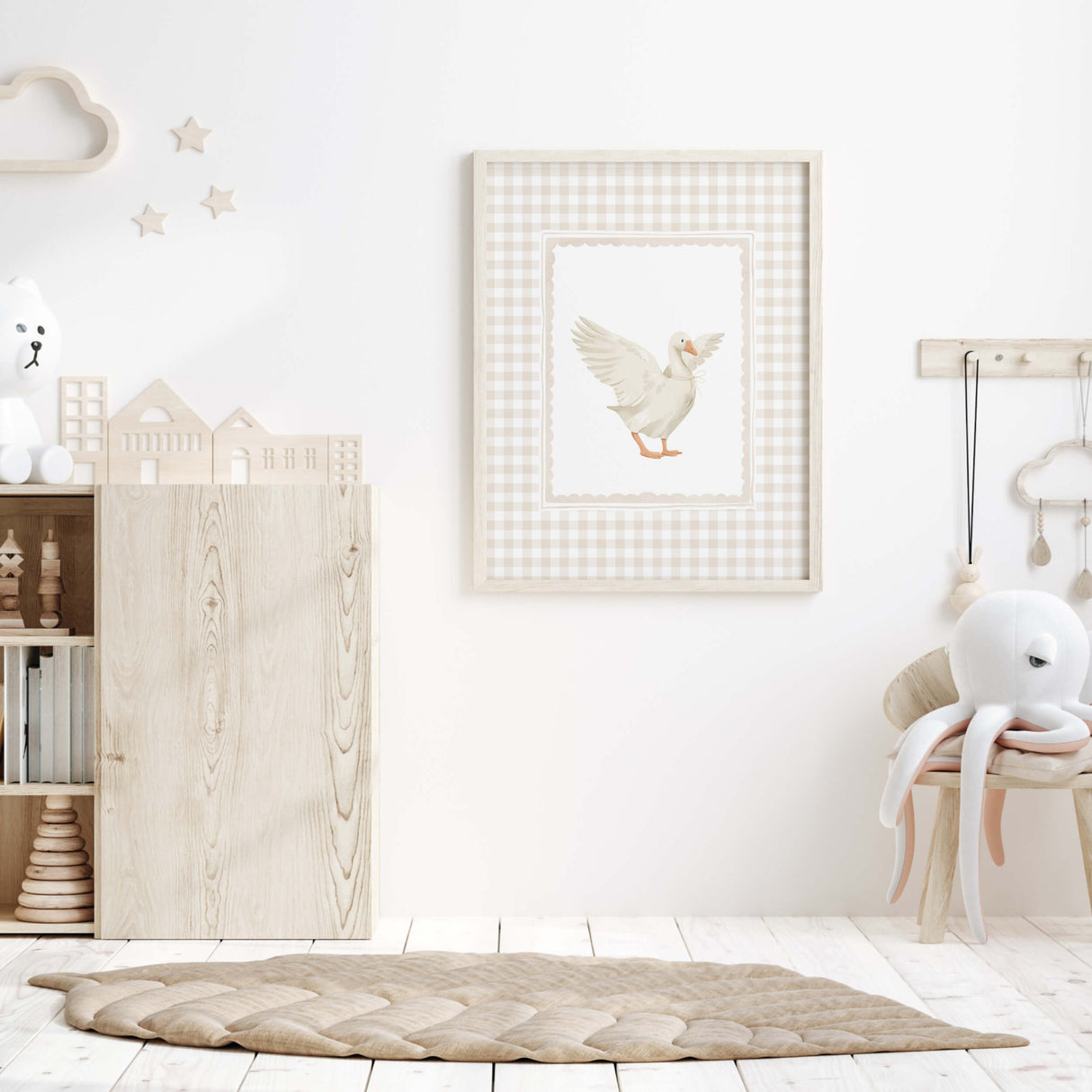 Gender-neutral beige nursery printable wall art set of 3 geese illustrations, cozy gingham checkered style.