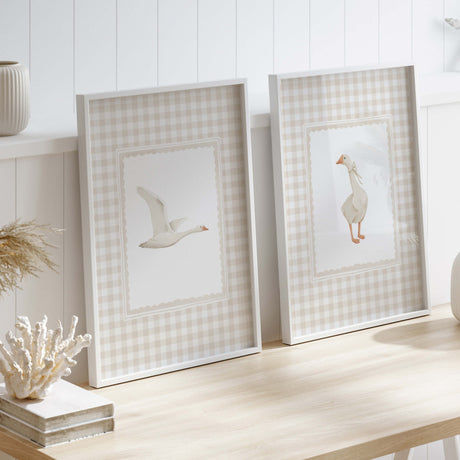 Vintage beige gingham goose nursery wall art print set, downloadable gender-neutral decor for calm baby rooms.