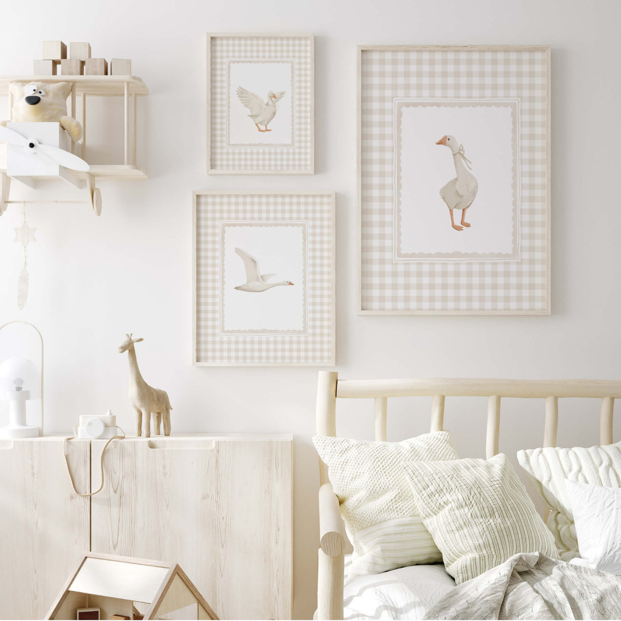 Digital nursery prints set of geese in gentle beige tones, perfect gender-neutral decor with gingham vintage background.