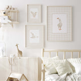 Digital nursery prints set of geese in gentle beige tones, perfect gender-neutral decor with gingham vintage background.
