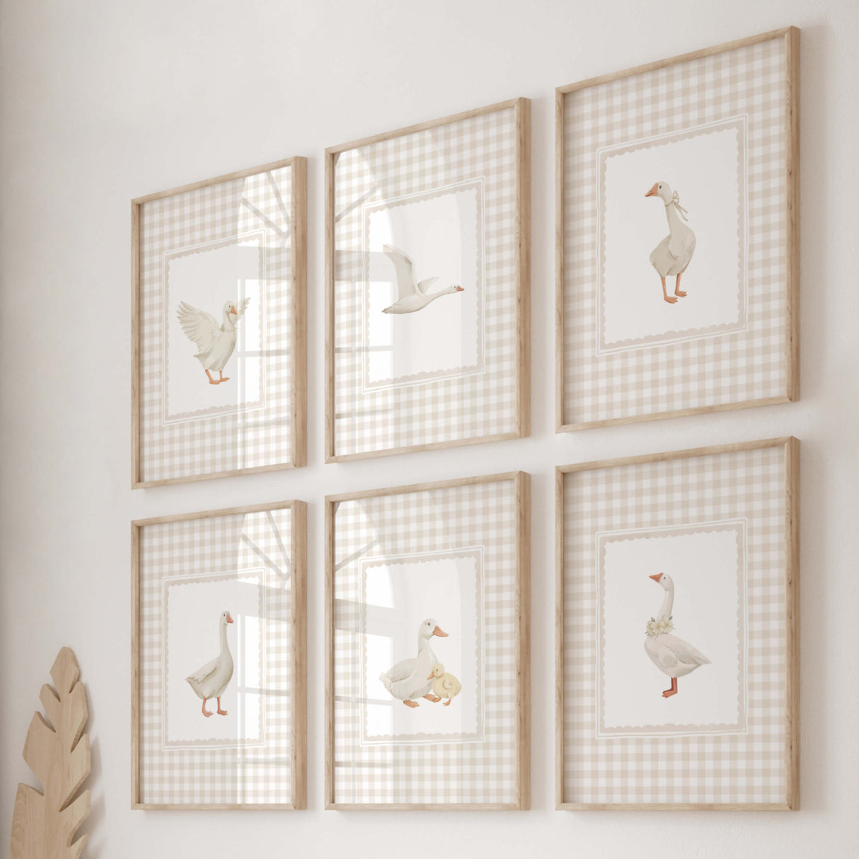 Set of 6 beige goose nursery prints, neutral gender baby room decor, vintage gingham background