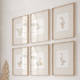 Set of 6 beige goose nursery prints, neutral gender baby room decor, vintage gingham background