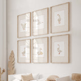 Printable nursery decor featuring goose illustrations on beige checkered gingham background for cozy gender-neutral rooms.