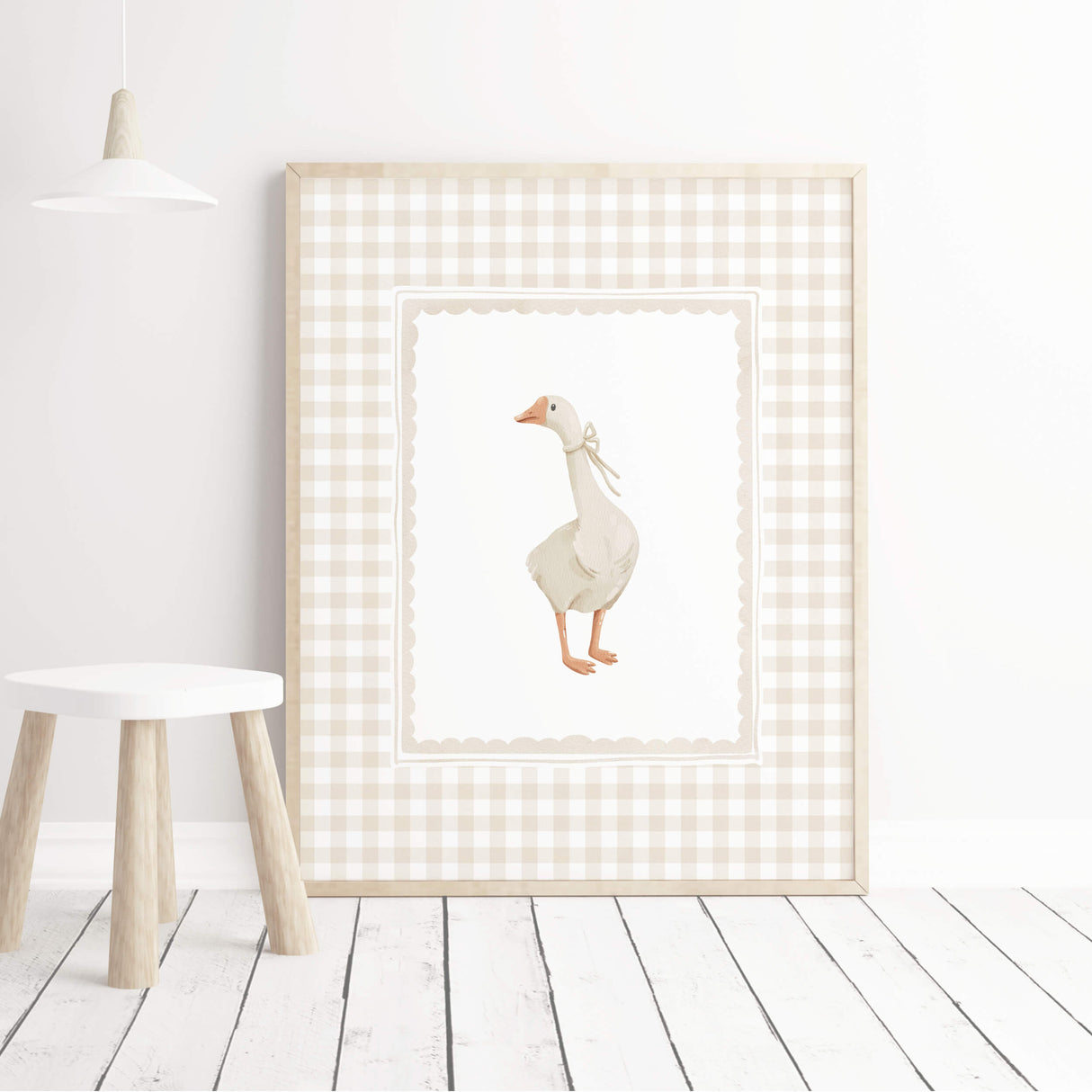 Instant download nursery prints featuring playful geese on beige gingham, cottagecore inspired decor for baby rooms