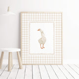 Instant download nursery prints featuring playful geese on beige gingham, cottagecore inspired decor for baby rooms