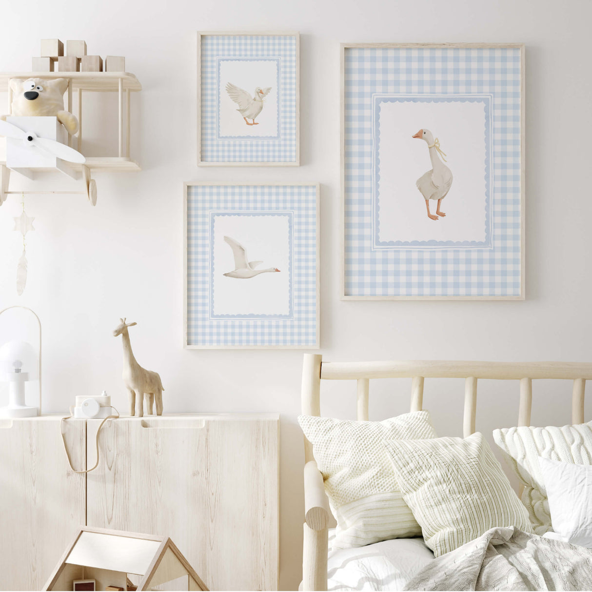 Flying and standing goose nursery wall art blue theme

