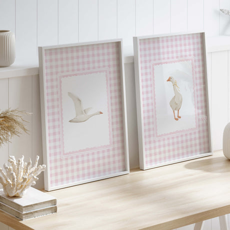 Pink gingham goose nursery printable set wall art
