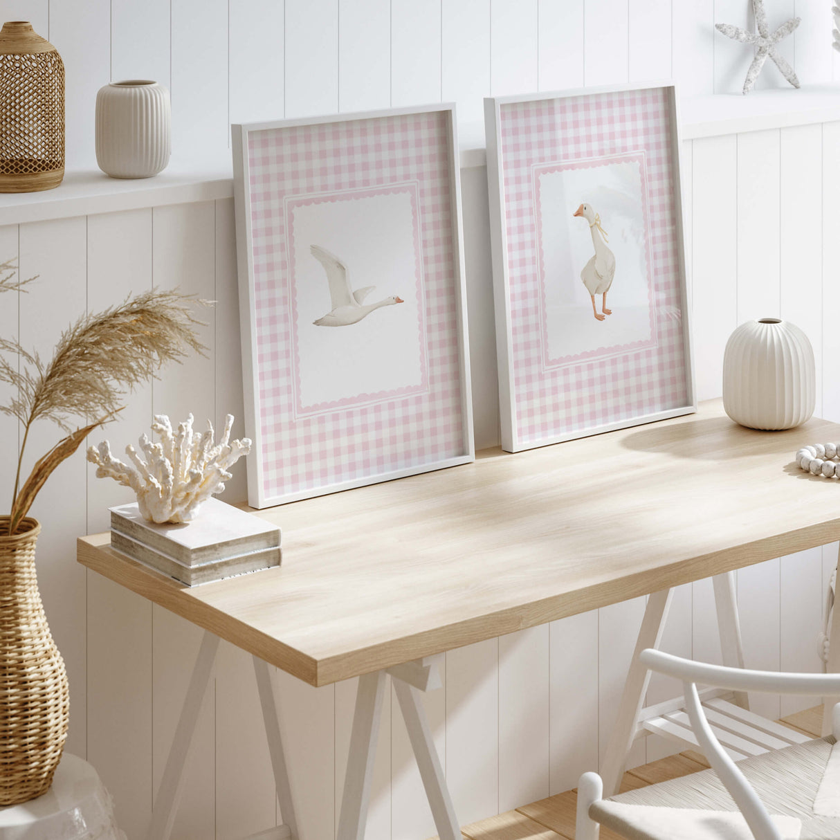 Cottagecore pink nursery decor with goose illustrations

