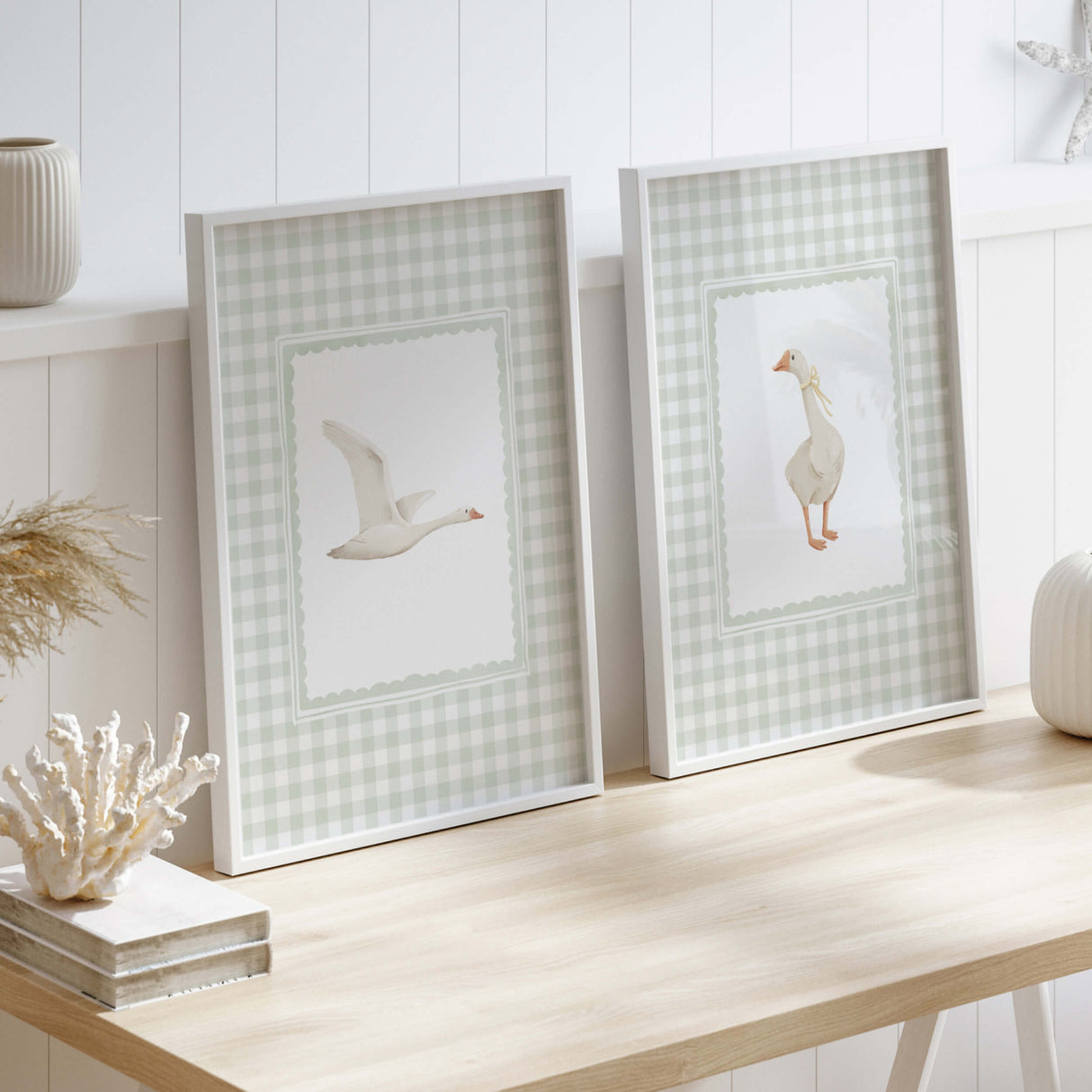 Scandinavian minimalist nursery art with geese and gingham

