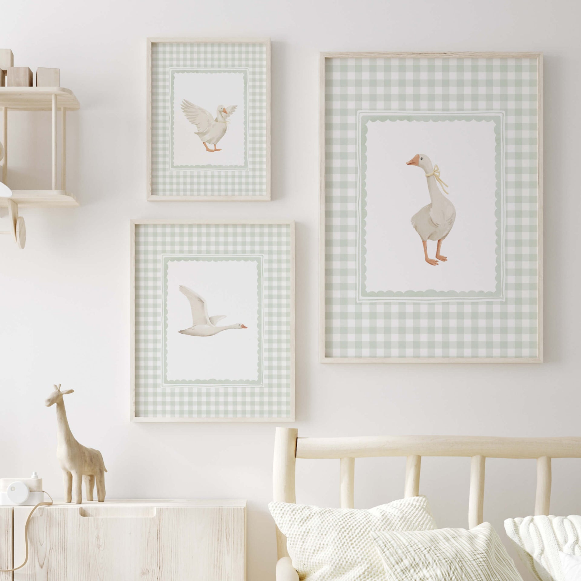 Vintage Goose Nursery Print with Sage Green Gingham Pattern Set