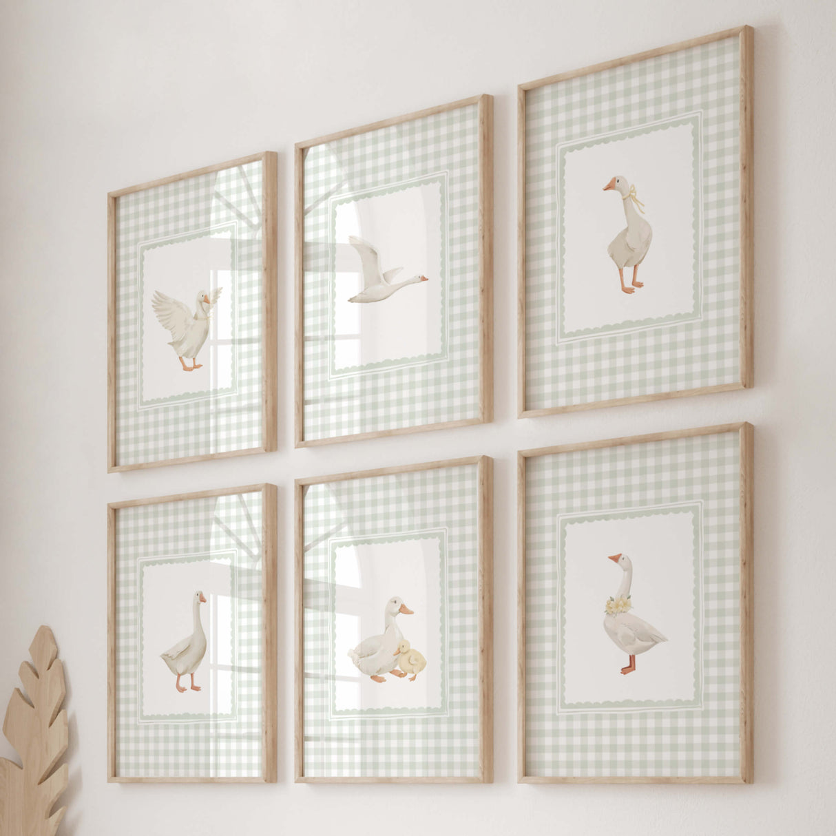 Sage green gingham goose nursery wall art printable set