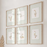 Sage green gingham goose nursery wall art printable set
