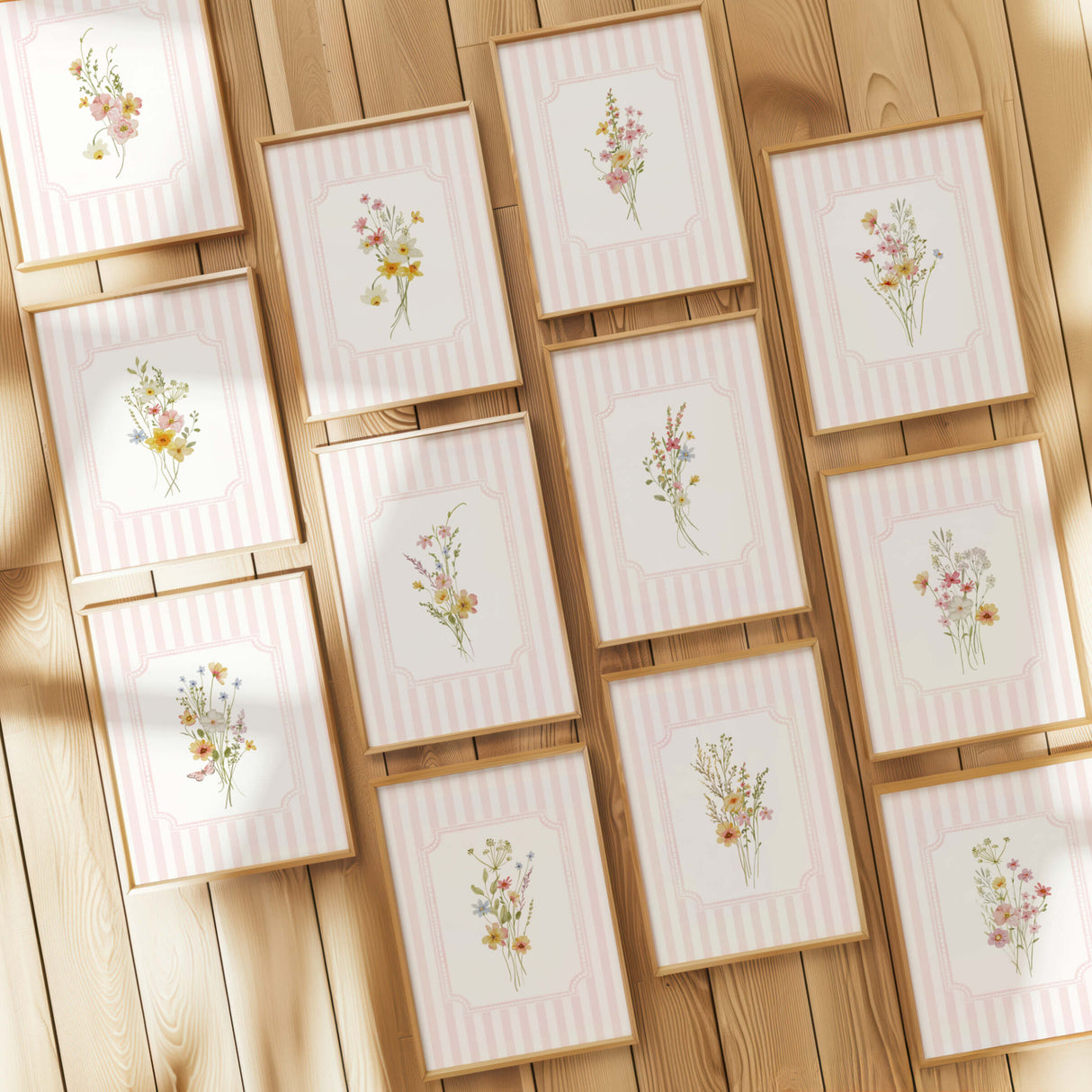Wildflower floral pink striped wall art printable poster set girls room decor nursery printable bundle