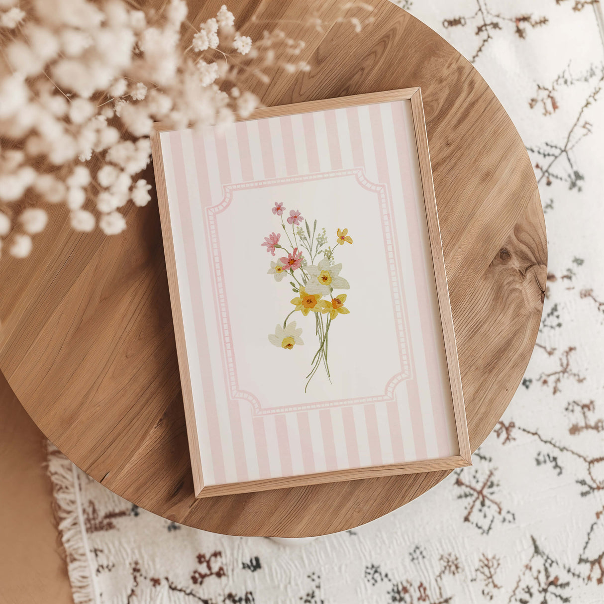 Wildflower floral pink striped wall art printable poster set girls room decor nursery printable bundle