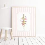 Wildflower floral pink striped wall art printable poster set girls room decor nursery printable bundle