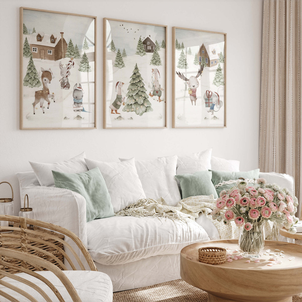 Set of 3 watercolor winter landscape nursery print with woodland animals, pine tree and houses for gender neutral christmas nursery decor.
