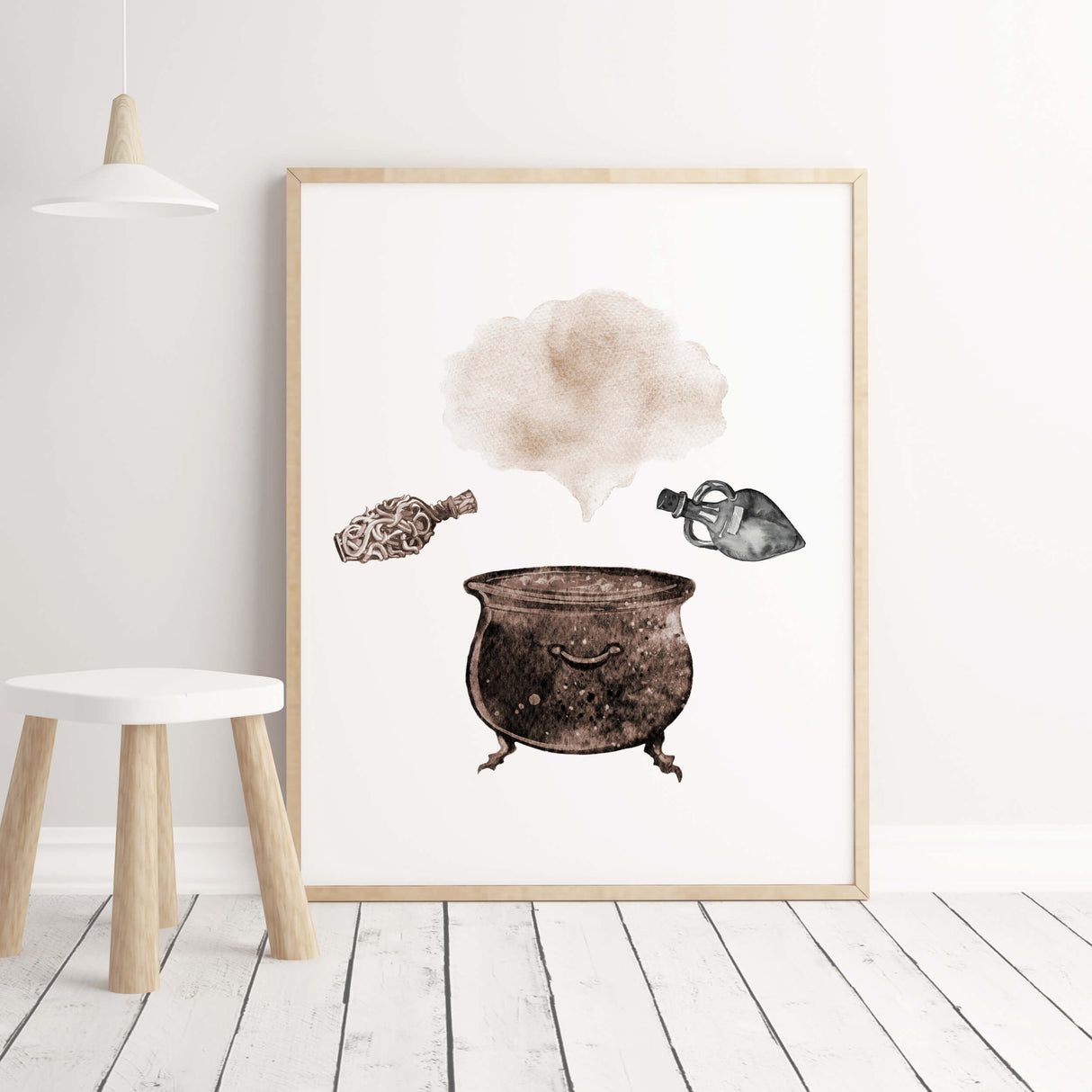 Watercolor wizard's cauldron with two bottles print with beige and brown color for neutral room decor.
