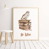 Watercolor wizard print with owl and books and be wise quote