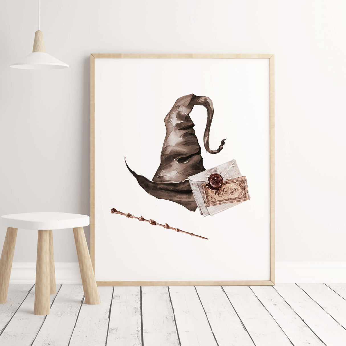 Watercolor wizard print with wizard hat, envelope, wizard wand  for neutral kids room wall decor.