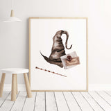 Watercolor wizard print with wizard hat, envelope, wizard wand  for neutral kids room wall decor.