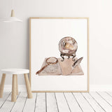 Watercolor wizard print with  magnifying glass, book, magic ball for  neutral mystic room decor.