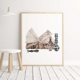 Watercolor magical wizarding print with  book, seal, glass for neutral  Halloween decor.