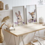 Set of 2 woodland animal with purple lilac flower print for nursery decor and kids wall decor.
