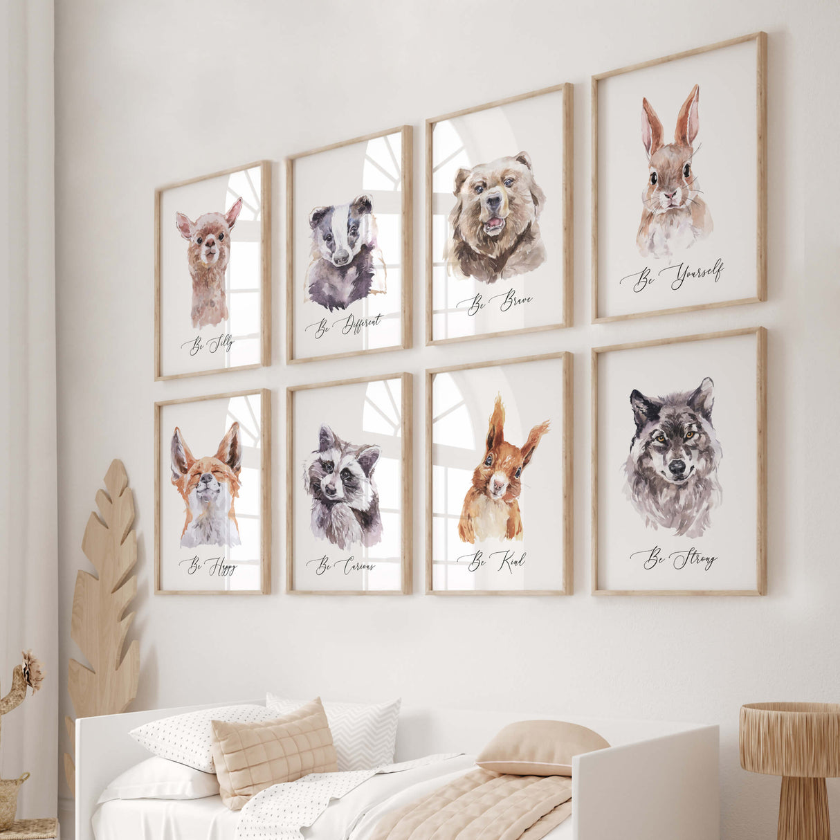 Set of 8 watercolor woodland animal printable with quote  for gender neutral nursery ideas.