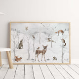 Watercolor woodland animal with  winter landscape print for gender neutral nursery decor.