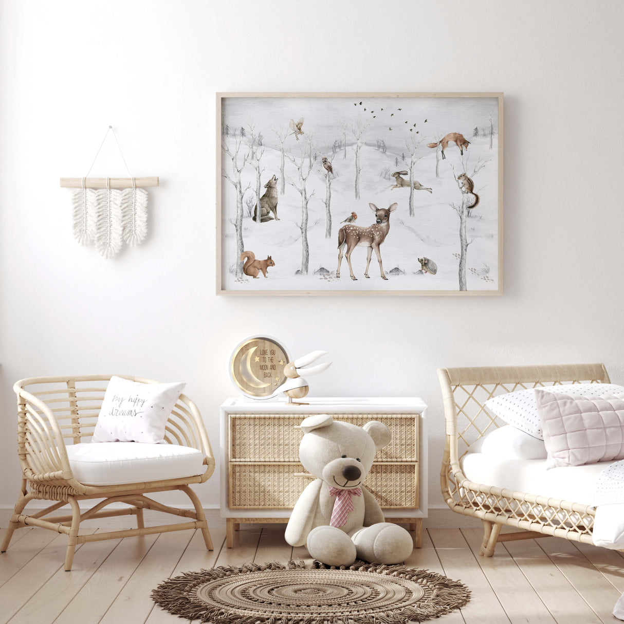 Watercolor winter landscape nursery poster with woodland animal for gender neutral christmas nursery  and kids decor and sage green room decor.