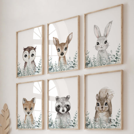 Set of 6 watercolor woodland animals with eucalyptus print for gender neutral nursery decor.