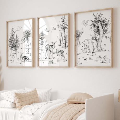 Pencil sketch woodland nursery print with bear deer, hedgehod, birds, pine tree, sunrise, bunnies for gender neutral nursery decor, sage green nursery decor, black white nursery decor, beige nursery decor.