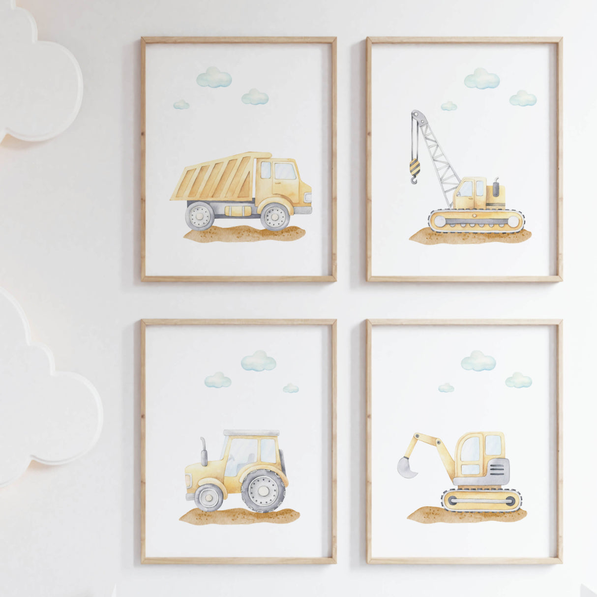 watercolor construction vehicle nursery printable for baby boys room decor, toddler room decor, set of 4 printable, includes: crane, dump truck,  tractor, excavator