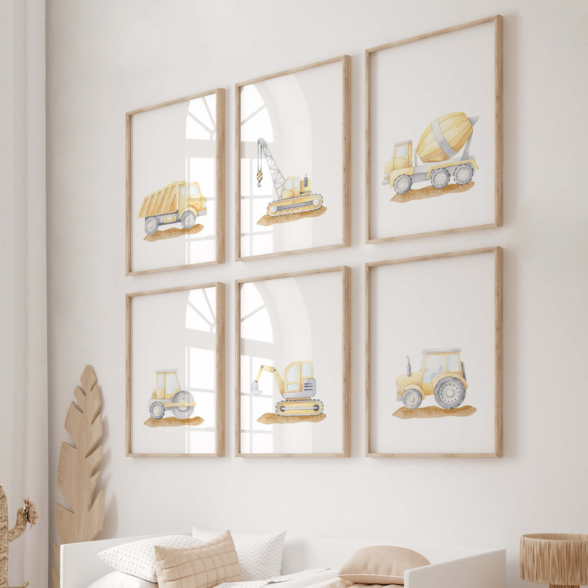 watercolor yellow gray construction vehicle nursery printable for baby boys room decor, toddler room decor, set of 7 printable, includes: cement mixer, crane, dump truck, digger, tractor, excavator, quote