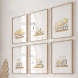 watercolor yellow gray construction vehicle nursery printable for baby boys room decor, toddler room decor, set of 7 printable, includes: cement mixer, crane, dump truck, digger, tractor, excavator, quote