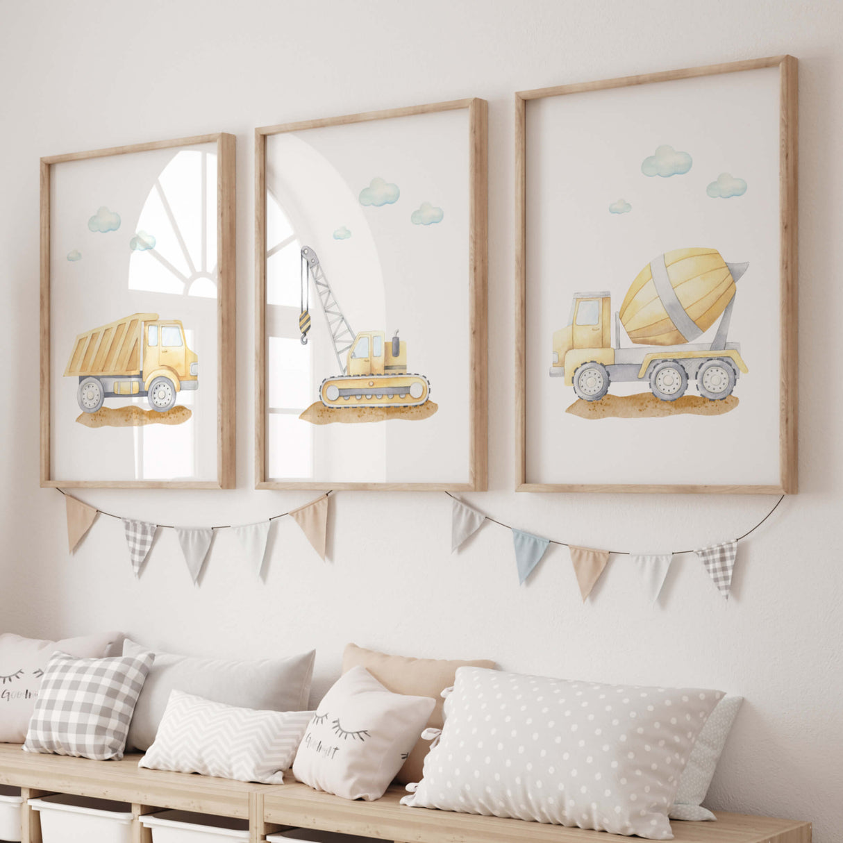 watercolor construction vehicle nursery printable for baby boys room decor, toddler room decor, set of 3 printable, includes: cement mixer, crane, dump truck
