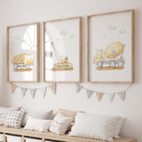 watercolor construction vehicle nursery printable for baby boys room decor, toddler room decor, set of 3 printable, includes: cement mixer, crane, dump truck