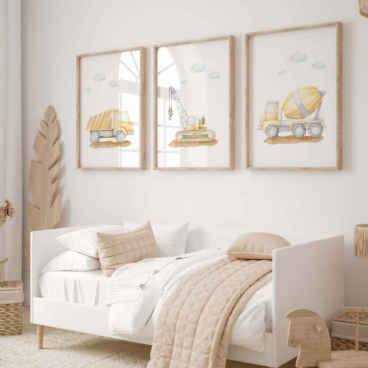 watercolor construction vehicle nursery printable for baby boys room decor, toddler room decor, set of 3 printable, includes: cement mixer, crane, dump truck