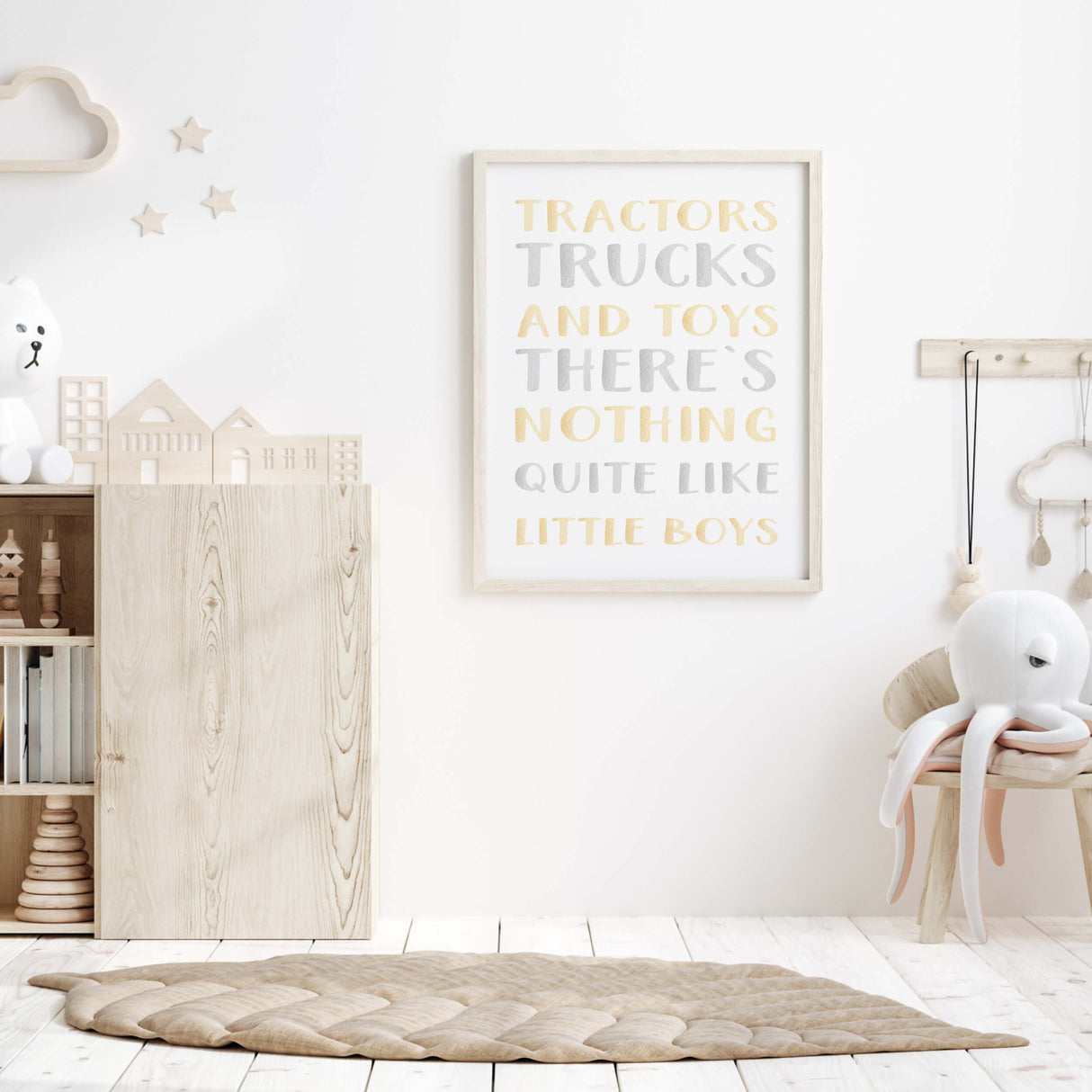 watercolor yellow construction vehicle nursery print with tractor quote for baby boys room decor, toddler room decor, set of 7 printable.