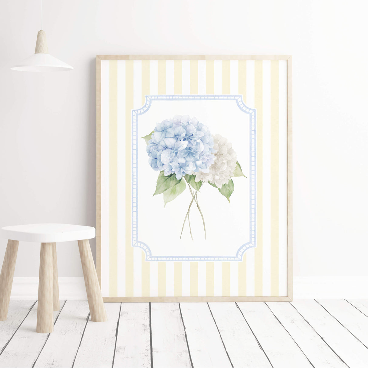 Summer floral printable hydrangea artwork blue and cream flower set for living room decor