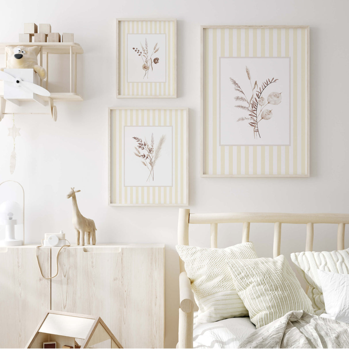 Rustic dried flower artwork set in neutral beige tones for digital download with striped yellow frame

