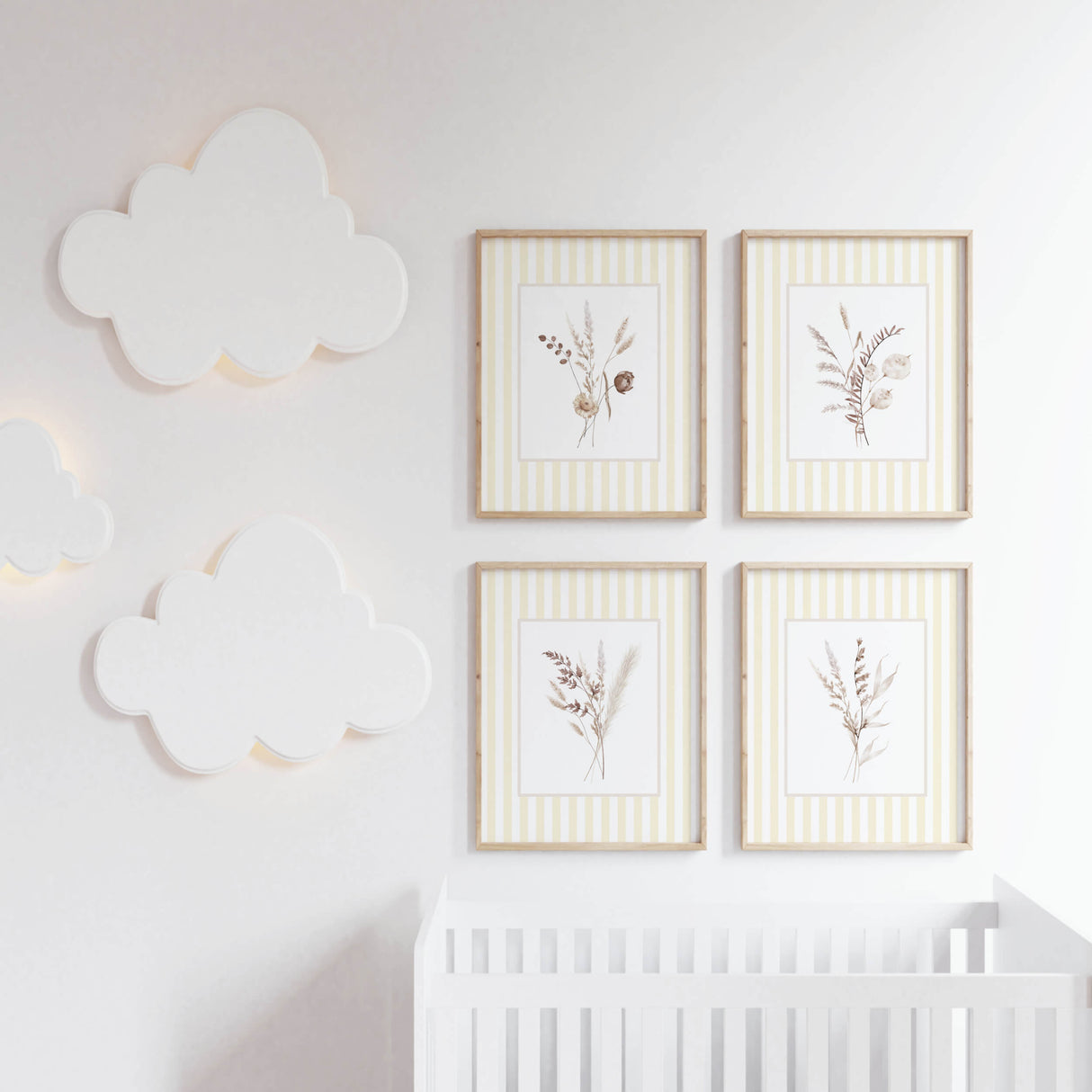 Beige wildflower prints digital download with soft yellow stripe for gender-neutral nursery decor

